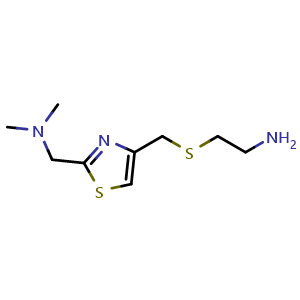 Chemical structure of 2-[[[2-[(Dimethylamino)methyl]-4-thiazolyl]methyl]thio]ethanamine , CAS 78441-62-0, AChemBlock X192193