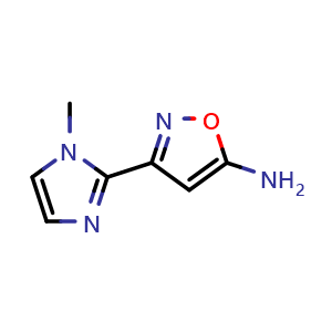 Chemical structure of 5-Amino-3-(1-methyl-2-imidazolyl)isoxazole , CAS 1423033-90-2, AChemBlock X192383