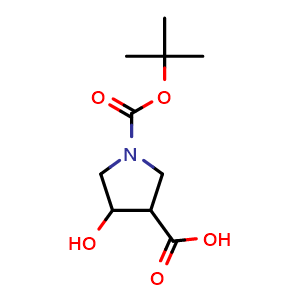 Chemical structure of 1-Boc-4-hydroxypyrrolidine-3-carboxylic acid , CAS 1369237-37-5, AChemBlock X192397