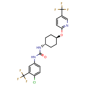 Chemical structure of 1-[4-Chloro-3-(trifluoromethyl)phenyl]-3-[trans-4-[[5-(trifluoromethyl)pyridin-2-yl]oxy]cyclohexyl]urea , CAS 1394011-91-6, AChemBlock X192533