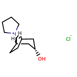 Chemical structure of (1R,3R,5S)-3-Hydroxyspiro[bicyclo[3.2.1]octane-8,1'-pyrrolidin]-1'-ium Chloride , CAS 3464-71-9, AChemBlock X192575