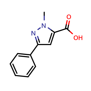 Chemical structure of 1-Methyl-3-phenyl-1H-pyrazole-5-carboxylic acid , CAS 10250-64-3, AChemBlock X192579