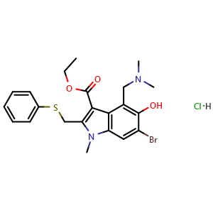 Chemical structure of Ethyl 6-Bromo-4-[(dimethylamino)methyl]-5-hydroxy-1-methyl-2-[(phenylthio)methyl]-1H-indole-3-carboxylate hydrochloride , CAS 131707-23-8, AChemBlock X192606