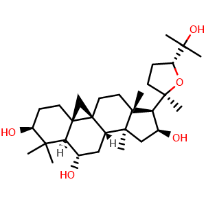Chemical structure of (2aR,3R,4S,5aS,5bS,7S,7aR,9S,11aR,12aS)-3-[(2R,5R)-5-(2-hydroxypropan-2-yl)-2-methyltetrahydrofuran-2-yl]-2a,5a,8,8-tetramethylhexadecahydrocyclopenta[a]cyclopropa[e]phenanthrene-4,7,9-triol , CAS 84605-18-5, AChemBlock X192873
