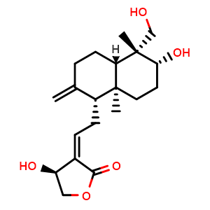Chemical structure of (3E,4S)-3-[2-[(1R,4aS,5R,6R,8aS)-Decahydro-6-hydroxy-5-(hydroxymethyl)-5,8a-dimethyl-2-methylene-1-napthalenyl]ethylidene]dihydro-4-hydroxy-2(3H)-furanone , CAS 5508-58-7, AChemBlock X193056
