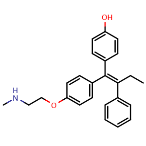 Chemical structure of 4-[1-[4-[2-(Methylamino)ethoxy]phenyl]-2-phenyl-1-buten-1-yl]phenol , CAS 110025-28-0, AChemBlock X193079
