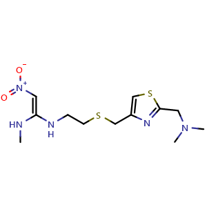 Chemical structure of N-[2-[[[2-[(Dimethylamino)methyl]-4-thiazolyl]methyl]thio]ethyl]-N'-methyl-2-nitroethene-1,1-diamine , AChemBlock X193098