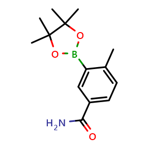 Chemical structure of 4-methyl-3-(4,4,5,5-tetramethyl-1,3,2-dioxaborolan-2-yl)benzamide , CAS 882679-88-1, AChemBlock X193159