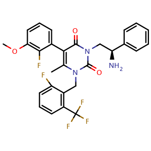 Chemical structure of (R)-3-(2-Amino-2-phenylethyl)-5-(2-fluoro-3-methoxyphenyl)-1-[2-fluoro-6-(trifluoromethyl)benzyl]-6-methylpyrimidine-2,4(1H,3H)-dione , CAS 830346-50-4, AChemBlock X193166