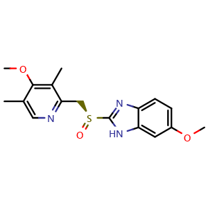 Chemical structure of (S)-5-Methoxy-2-[(4-methoxy-3,5-dimethylpyridin-2-yl)methylsulfinyl]-3H-benzoimidazole , CAS 119141-88-7, AChemBlock X193286