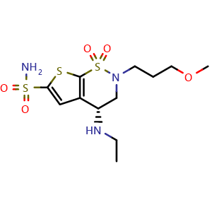 Chemical structure of (R)-4-(Ethylamino)-2-(3-methoxypropyl)-3,4-dihydro-1,1-dioxo-2H-thieno[3,2-e]-1,2-thiazine-6-sulfonamide , CAS 138890-62-7, AChemBlock X193403