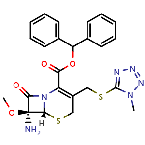 Chemical structure of Benzhydryl (6R,7S)-7-Amino-7-methoxy-3-[[(1-methyl-5-tetrazolyl)thio]methyl]-8-oxo-5-thia-1-azabicyclo[4.2.0]oct-2-ene-2-carboxylate , CAS 56610-72-1, AChemBlock X193471