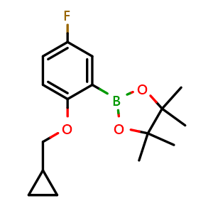 Chemical structure of 2-(2-(cyclopropylmethoxy)-5-fluorophenyl)-4,4,5,5-tetramethyl-1,3,2-dioxaborolane , CAS 1185836-97-8, AChemBlock X193629