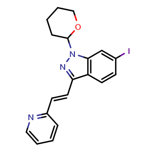 Chemical structure of (E)-6-Iodo-3-[2-(pyridin-2-yl)vinyl]-1-(tetrahydro-2H-pyran-2-yl)-1H-indazole , CAS 886230-77-9, AChemBlock X193670