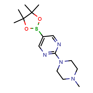 Chemical structure of 2-(4-methylpiperazin-1-yl)-5-(4,4,5,5-tetramethyl-1,3,2-dioxaborolan-2-yl)pyrimidine , CAS 942922-07-8, AChemBlock X194146