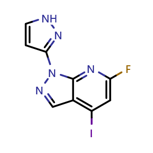 Chemical structure of 6-Fluoro-4-iodo-1-(3-pyrazolyl)-1H-pyrazolo[3,4-b]pyridine , CAS 2417489-96-2, AChemBlock X194229