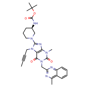 Chemical structure of (R)-8-[3-(Boc-amino)-1-piperidyl]-7-(2-butynyl)-3-methyl-1-[(4-methyl-2-quinazolinyl)methyl]-1H-purine-2,6(3H,7H)-dione , CAS 668273-75-4, AChemBlock X194235