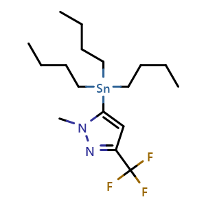 Chemical structure of 1-Methyl-5-(tributylstannyl)-3-(trifluoromethyl)pyrazole , CAS 191606-78-7, AChemBlock X194254