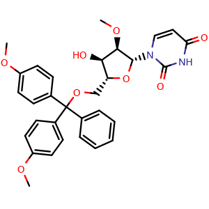 Chemical structure of 5'-O-(4,4'-Dimethoxytrityl)-2'-O-methyluridine , CAS 103285-22-9, AChemBlock X194294