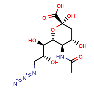 Chemical structure of (2R,4S,5R,6R)-5-Acetamido-6-[(1R,2R)-3-azido-1,2-dihydroxypropyl]-2,4-dihydroxytetrahydro-2H-pyran-2-carboxylic acid , CAS 160555-88-4, AChemBlock X194362