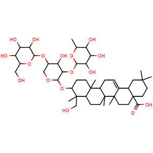Chemical structure of 10-((4-hydroxy-5-((3,4,5-trihydroxy-6-(hydroxymethyl)tetrahydro-2H-pyran-2-yl)oxy)-3-((3,4,5-trihydroxy-6-methyltetrahydro-2H-pyran-2-yl)oxy)tetrahydro-2H-pyran-2-yl)oxy)-9-(hydroxymethyl)-2,2,6a,6b,9,12a-hexamethyl-1,3,4,5,6,6a,6b,7,8,8a,9,10,11,12,.. , CAS 848784-85-0, AChemBlock X194599