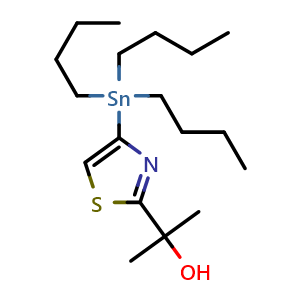 Chemical structure of 2-[4-(Tributylstannyl)-2-thiazolyl]-2-propanol , CAS 1245816-16-3, AChemBlock X194633