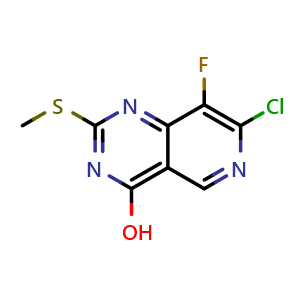 Chemical structure of 7-Chloro-8-fluoro-2-(methylthio)pyrido[4,3-d]pyrimidin-4-ol , CAS 2454491-18-8, AChemBlock X194665