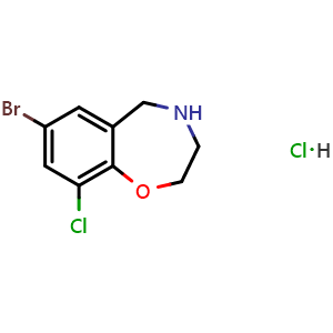 Chemical structure of 7-Bromo-9-chloro-2,3,4,5-tetrahydrobenzo[f][1,4]oxazepine hydrochloride , CAS 2126177-64-6, AChemBlock X194731