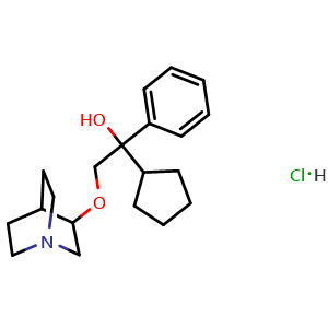 Chemical structure of 1-Cyclopentyl-1-phenyl-2-(quinuclidin-3-yloxy)ethanol hydrochloride , CAS 151937-76-7, AChemBlock X195046