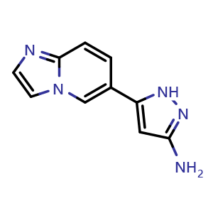 Chemical structure of 3-Amino-5-(6-imidazo[1,2-a]pyridyl)pyrazole , CAS 948883-30-5, AChemBlock X195062