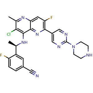 Chemical structure of (R)-3-[1-[[3-Chloro-7-fluoro-2-methyl-6-[2-(1-piperazinyl)-5-pyrimidinyl]-1,5-naphthyridin-4-yl]amino]ethyl]-4-fluorobenzonitrile , CAS 2802461-30-7, AChemBlock X195122