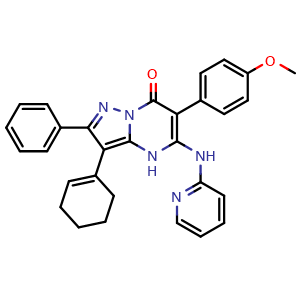 Chemical structure of 3-(1-Cyclohexenyl)-6-(4-methoxyphenyl)-2-phenyl-5-(2-pyridylamino)pyrazolo[1,5-a]pyrimidin-7(4H)-one , CAS 2201056-66-6, AChemBlock X195199