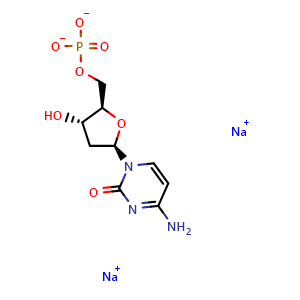 Chemical structure of Sodium ((2R,3S,5R)-5-(4-amino-2-oxopyrimidin-1(2H)-yl)-3-hydroxytetrahydrofuran-2-yl)methyl phosphate , CAS 13085-50-2, AChemBlock X195222