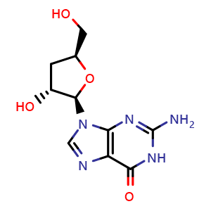 Chemical structure of 2-Amino-9-((2R,3R,5S)-3-hydroxy-5-(hydroxymethyl)tetrahydrofuran-2-yl)-1H-purin-6(9H)-one , CAS 3608-58-0, AChemBlock X195296
