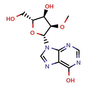 Chemical structure of 9-((2R,3R,4R,5R)-4-Hydroxy-5-(hydroxymethyl)-3-methoxytetrahydrofuran-2-yl)-9H-purin-6-ol , CAS 3881-21-8, AChemBlock X195300