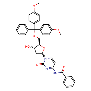Chemical structure of N4-Benzoyl-5'-O-(4,4'-dimethoxytrityl)-2'-deoxycytidine , CAS 67219-55-0, AChemBlock X195353