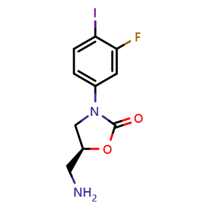 Chemical structure of (S)-5-(aminomethyl)-3-(3-fluoro-4-iodophenyl)oxazolidin-2-one , CAS 627543-03-7, AChemBlock X195448