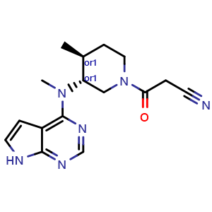 Chemical structure of rel-3-((3R,4S)-4-methyl-3-(methyl(7H-pyrrolo[2,3-d]pyrimidin-4-yl)amino)piperidin-1-yl)-3-oxopropanenitrile , CAS 2734856-31-4, AChemBlock X195468