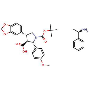 Chemical structure of (R)-1-phenylethanamine (2S,3S,4R)-4-(benzo[d][1,3]dioxol-5-yl)-1-(tert-butoxycarbonyl)-2-(4-methoxyphenyl)pyrrolidine-3-carboxylate , CAS 2673270-08-9, AChemBlock X195471