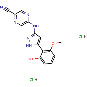 Chemical structure of 5-((5-(2-Hydroxy-6-methoxyphenyl)-1H-pyrazol-3-yl)amino)pyrazine-2-carbonitrile dihydrochloride , CAS 1234015-70-3, AChemBlock X195483