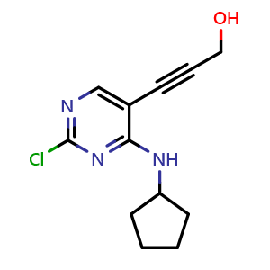 Chemical structure of 3-[2-Chloro-4-(cyclopentylamino)-5-pyrimidinyl]-2-propyn-1-ol , CAS 1374639-76-5, AChemBlock X195547