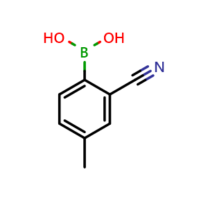 Chemical structure of (2-Cyano-4-methylphenyl)boronic acid , CAS 1328882-30-9, AChemBlock X195555