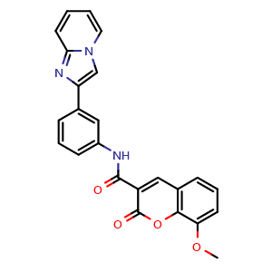 Chemical structure of N-(3-(imidazo[1,2-a]pyridin-2-yl)phenyl)-8-methoxy-2-oxo-2H-chromene-3-carboxamide , CAS 1100353-03-4, AChemBlock X195639