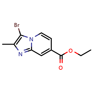 Chemical structure of ethyl 3-bromo-2-methylimidazo[1,2-a]pyridine-7-carboxylate , CAS 1315362-89-0, AChemBlock X195667