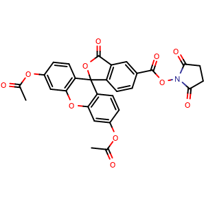 Chemical structure of 5-Carboxyfluorescein diacetate N-succinimidyl ester , CAS 150206-05-6, AChemBlock X195676
