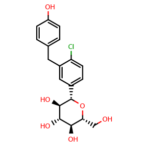 Chemical structure of (2S,3R,4R,5S,6R)-2-(4-Chloro-3-(4-hydroxybenzyl)phenyl)-6-(hydroxymethyl)tetrahydro-2H-pyran-3,4,5-triol , CAS 864070-37-1, AChemBlock X195689