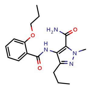 Chemical structure of 1-Methyl-4-(2-propoxybenzamido)-3-propyl-1H-pyrazole-5-carboxamide , CAS 139756-04-0, AChemBlock X195830