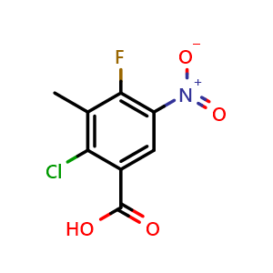 Chemical structure of 2-chloro-4-fluoro-3-methyl-5-nitrobenzoic acid , CAS 173315-56-5, AChemBlock X195848