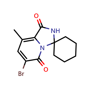 Chemical structure of 6'-Bromo-8'-methyl-1'H-spiro[cyclohexane-1,3'-imidazo[1,5-a]pyridine]-1',5'(2'H)-dione , CAS 1849592-70-6, AChemBlock X196069