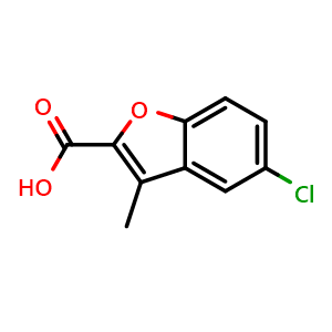 Chemical structure of 5-Chloro-3-methyl-benzofuran-2-carboxylic acid , CAS 1134-00-5, AChemBlock X196318